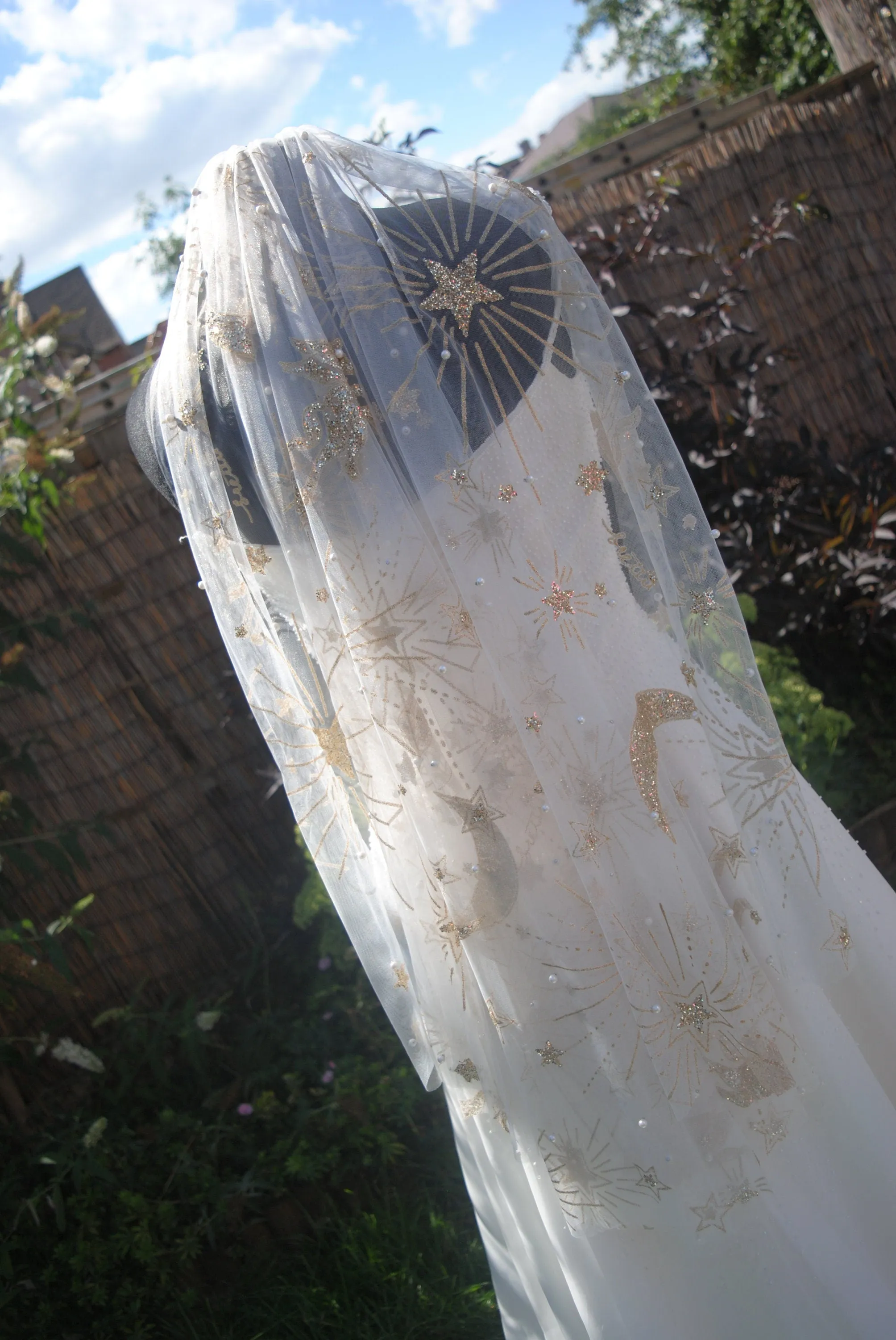 Luxury Celestial Wedding Cape or Veil - Gold Glitter and Pearl Veil or Cape
