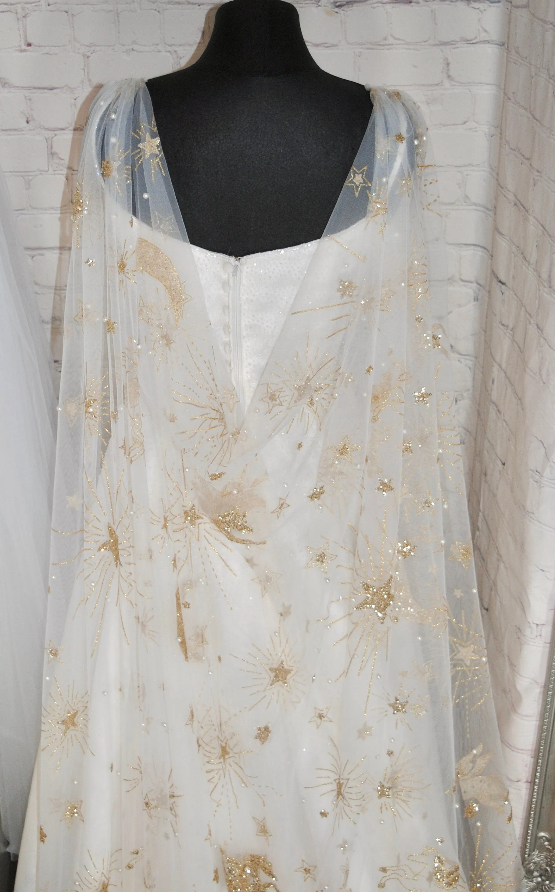 Luxury Celestial Wedding Cape or Veil - Gold Glitter and Pearl Veil or Cape