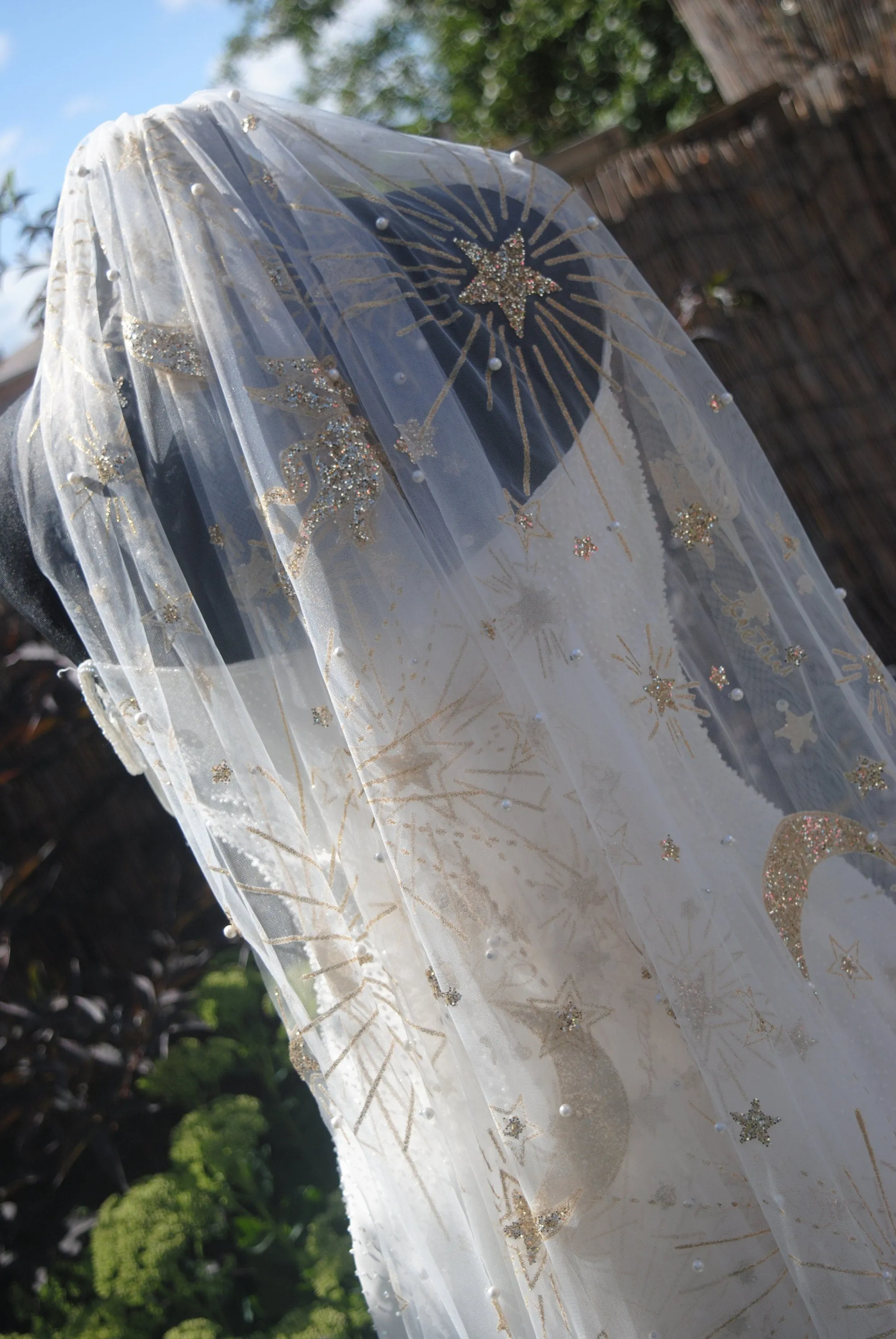 Luxury Celestial Wedding Cape or Veil - Gold Glitter and Pearl Veil or Cape