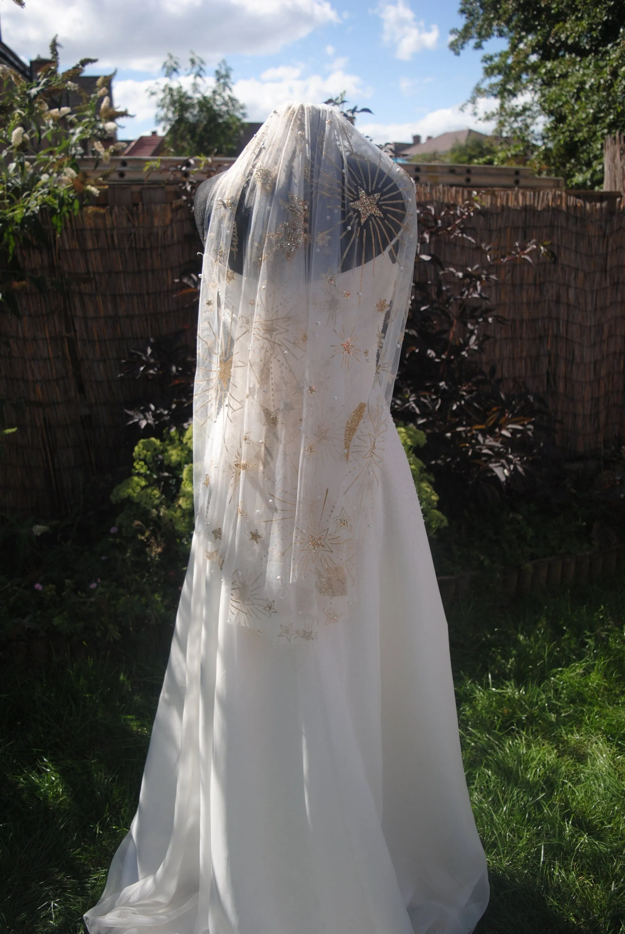 Luxury Celestial Wedding Cape or Veil - Gold Glitter and Pearl Veil or Cape