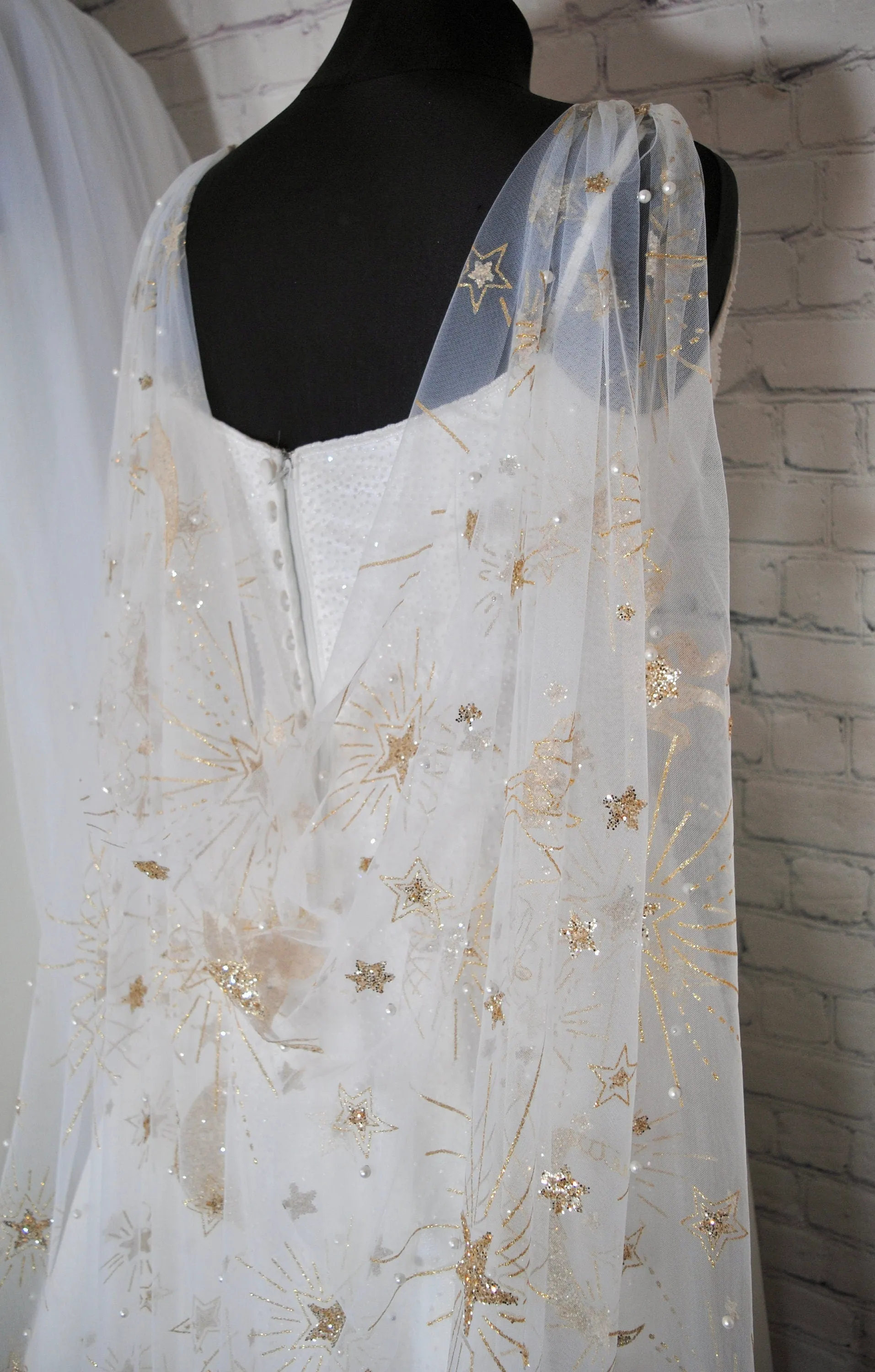 Luxury Celestial Wedding Cape or Veil - Gold Glitter and Pearl Veil or Cape