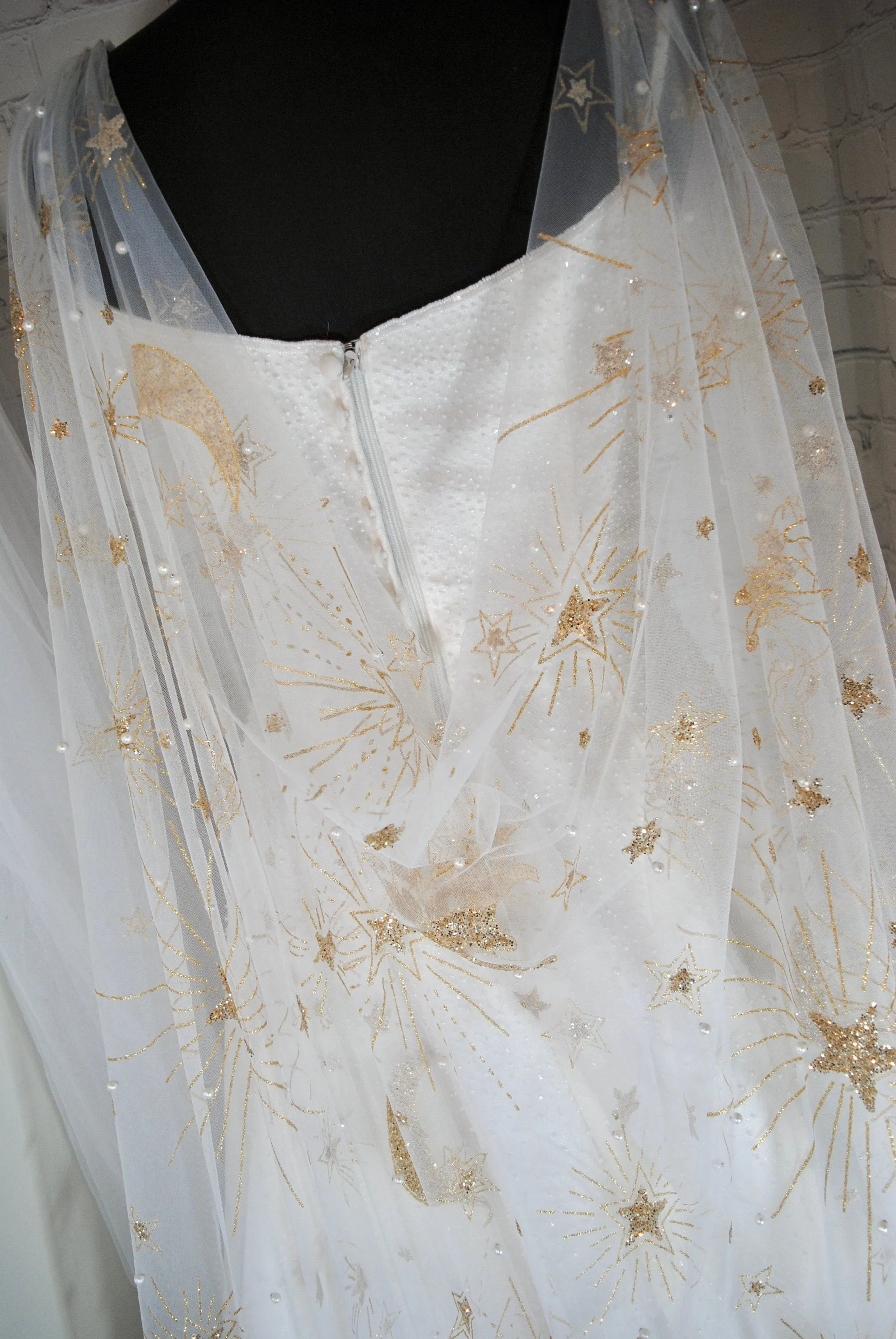Luxury Celestial Wedding Cape or Veil - Gold Glitter and Pearl Veil or Cape
