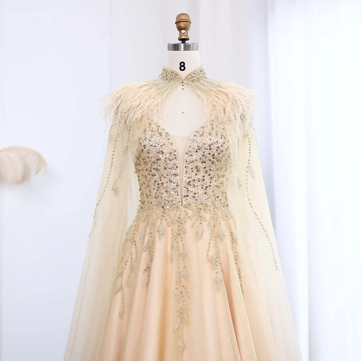 Luxury Gold Feather Evening Dress with Cape SS594
