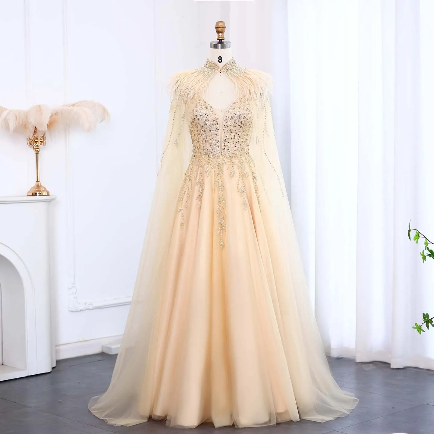 Luxury Gold Feather Evening Dress with Cape SS594