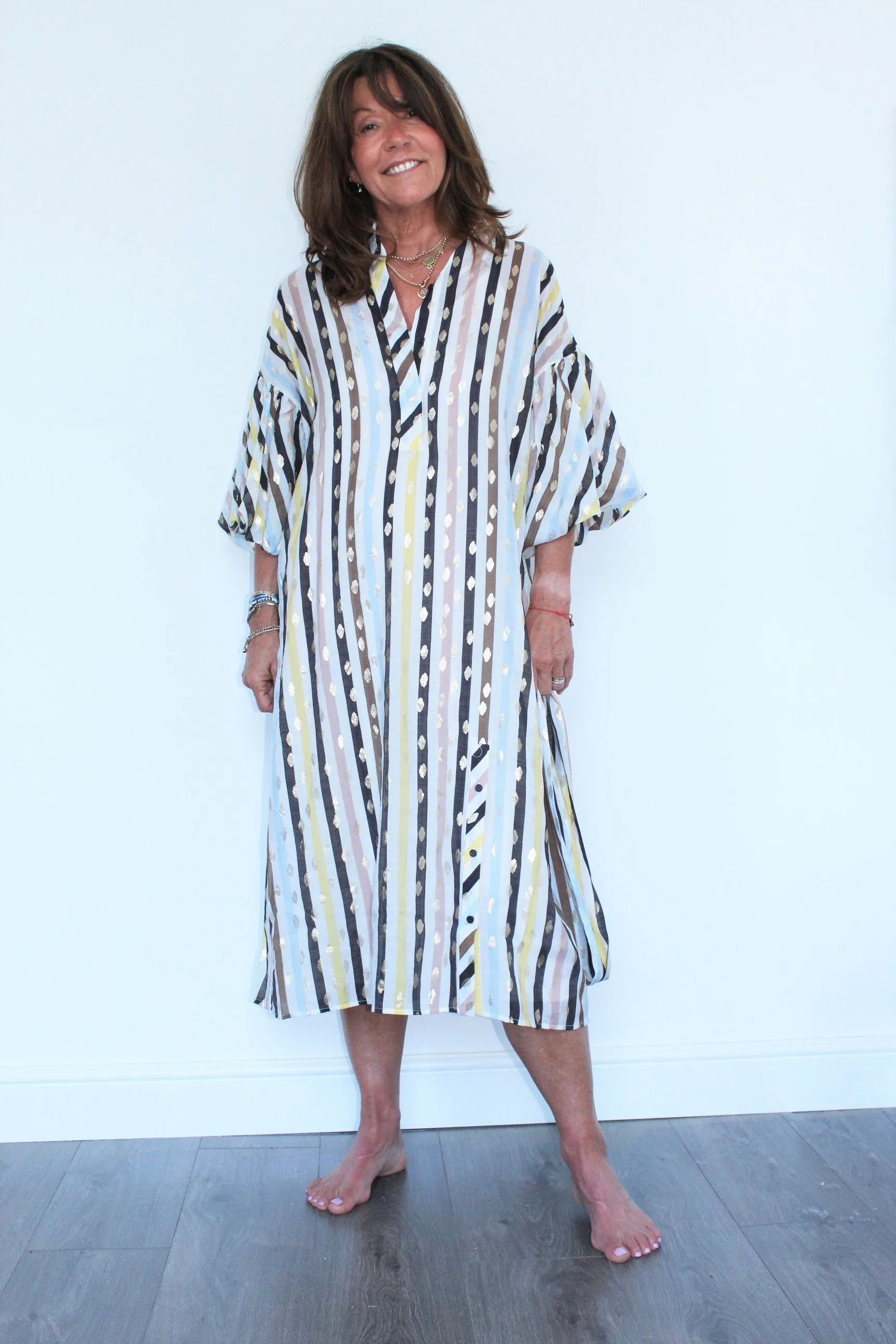 M Palmetto Stripe Dress in White