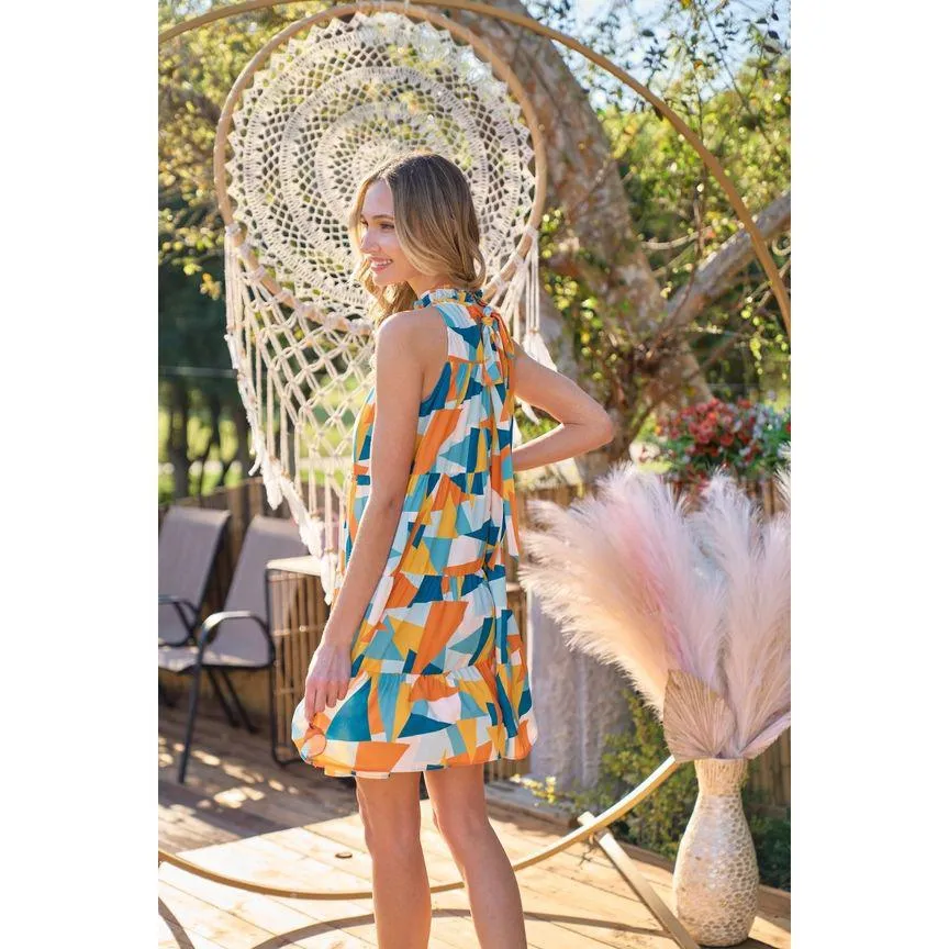 Marlie Geometrical Print Babydoll Dress - Teal