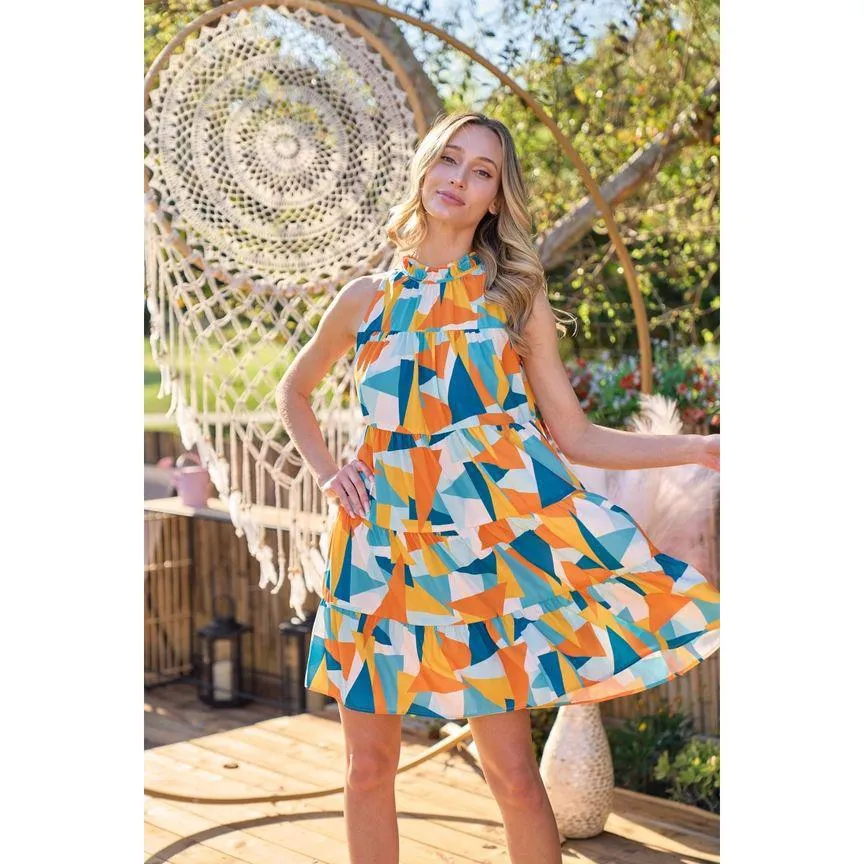 Marlie Geometrical Print Babydoll Dress - Teal