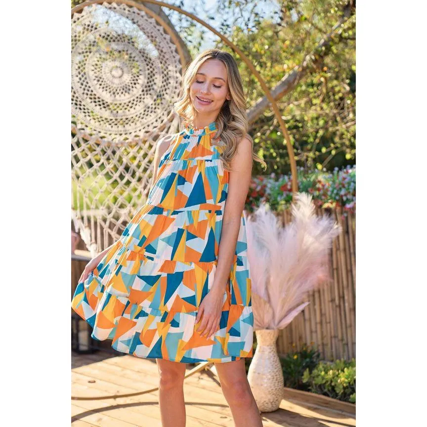 Marlie Geometrical Print Babydoll Dress - Teal