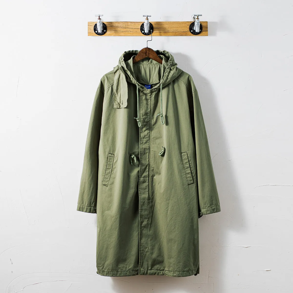 Men's Mid-length Retro Hooded Trench Coat Military Loose Casual Windbreaker