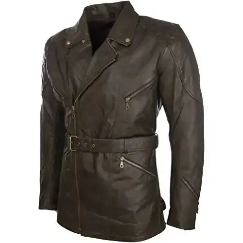 Men's Real Cowhide Leather Belted Motorbike Coat