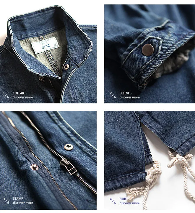 Men's Stand-up Collar Mid-length Denim Jacket Loose Windbreaker