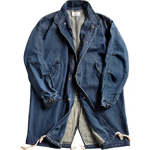 Men's Stand-up Collar Mid-length Denim Jacket Loose Windbreaker