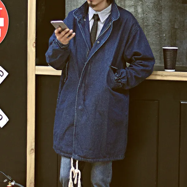 Men's Stand-up Collar Mid-length Denim Jacket Loose Windbreaker