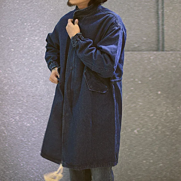 Men's Stand-up Collar Mid-length Denim Jacket Loose Windbreaker