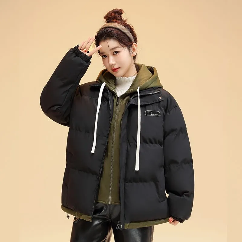 Mock Two-Piece Two-Tone Padded Hooded Drawstring Zip Jacket