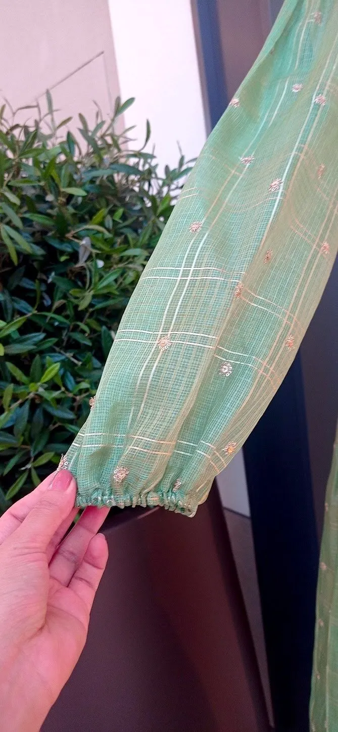Oksana Modest Green Chanderi Silk and Brocade Maxi Dress