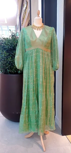 Oksana Modest Green Chanderi Silk and Brocade Maxi Dress