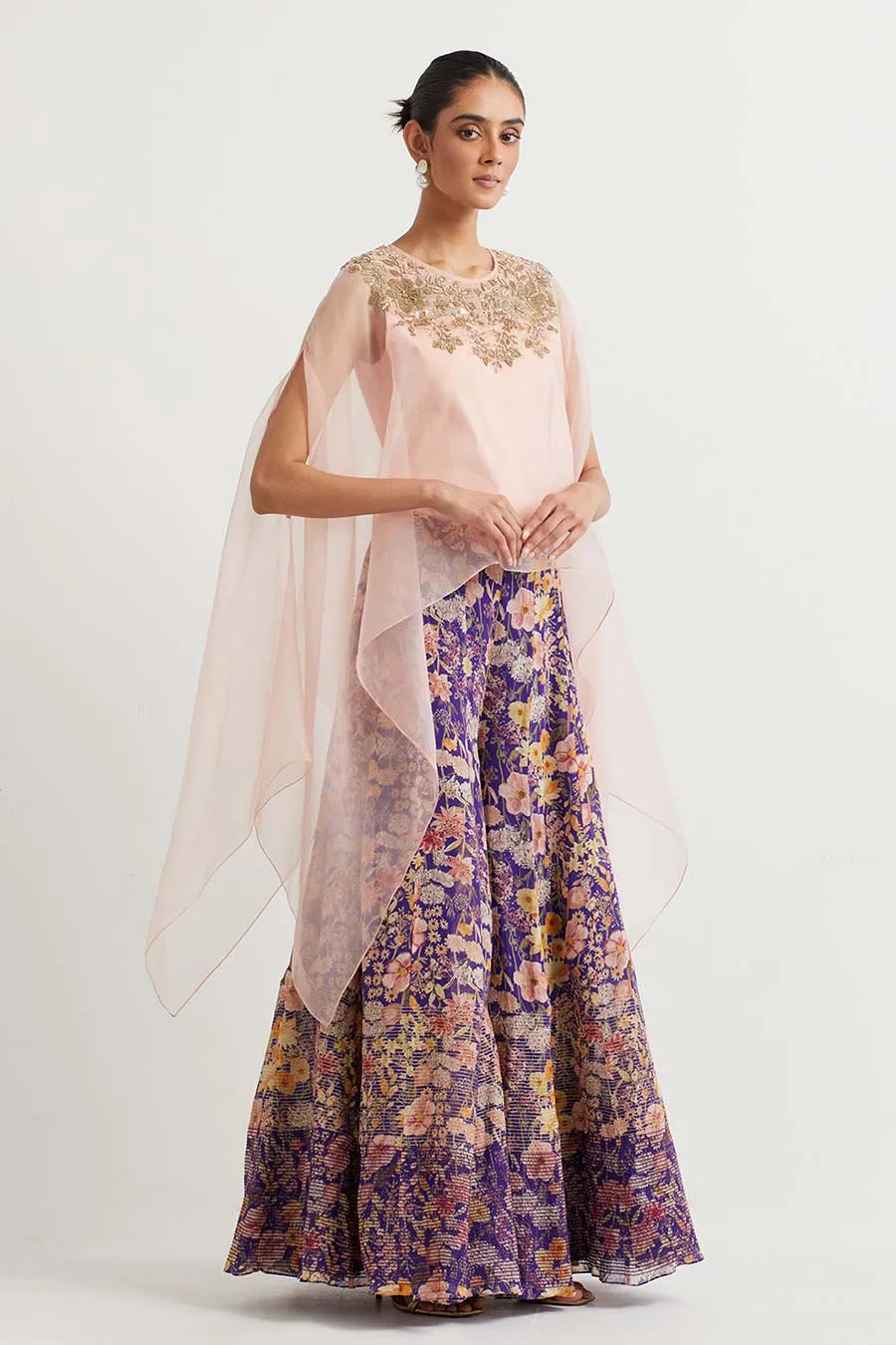 Peach Embroidered Cape & Purple Printed Skirt Set