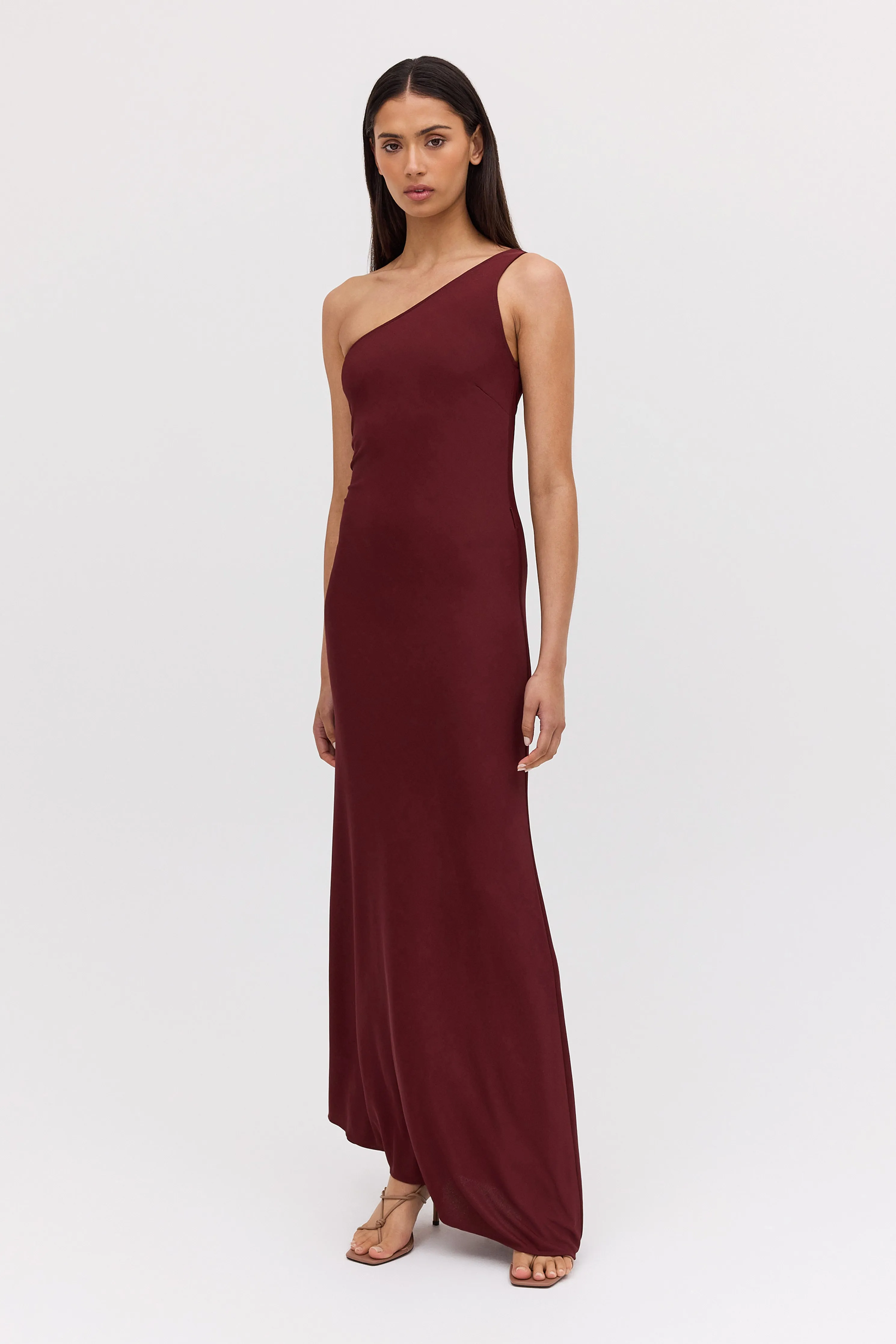 PLUM JERSEY ASYMMETRIC SLIP DRESS