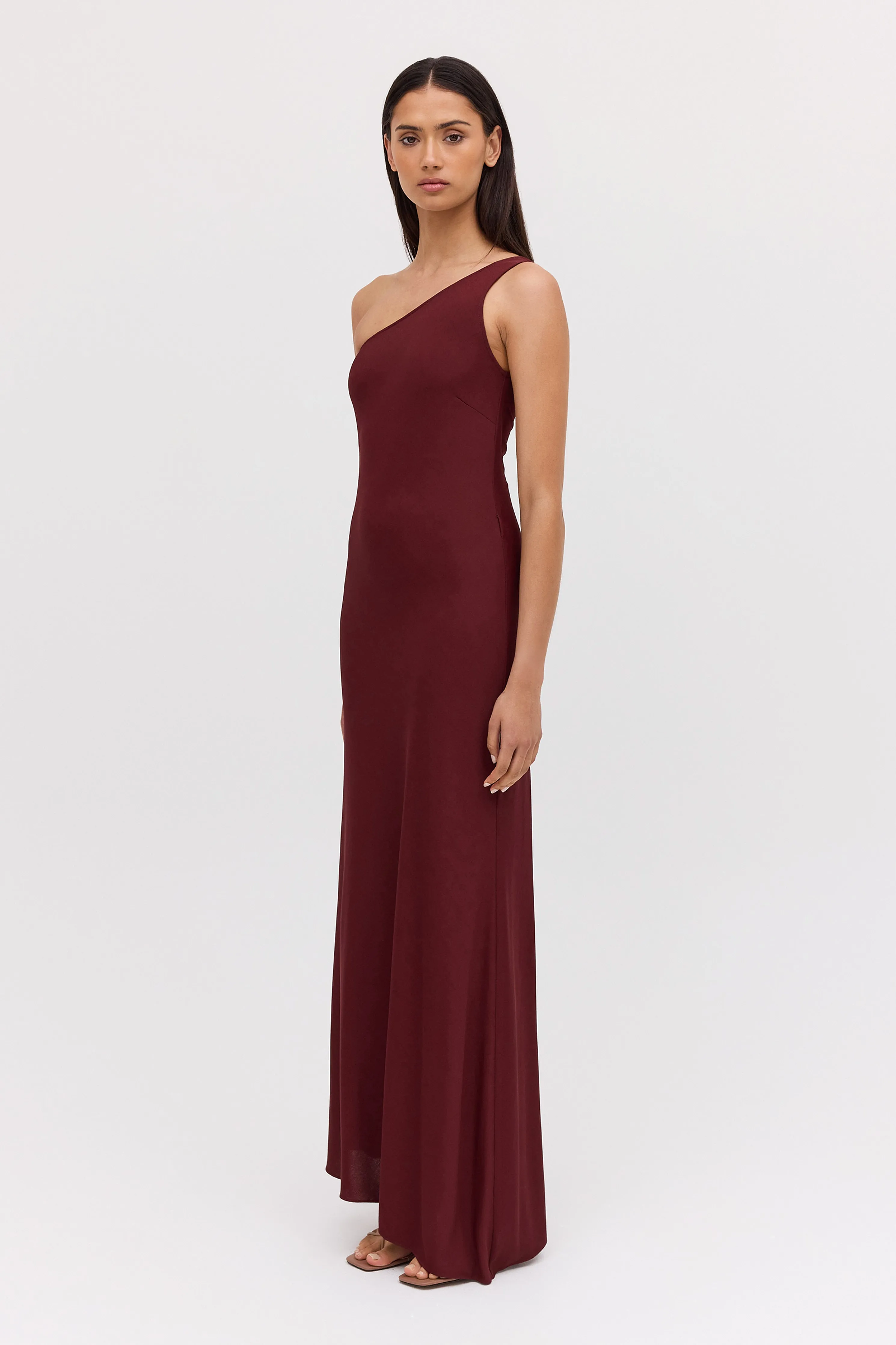 PLUM JERSEY ASYMMETRIC SLIP DRESS