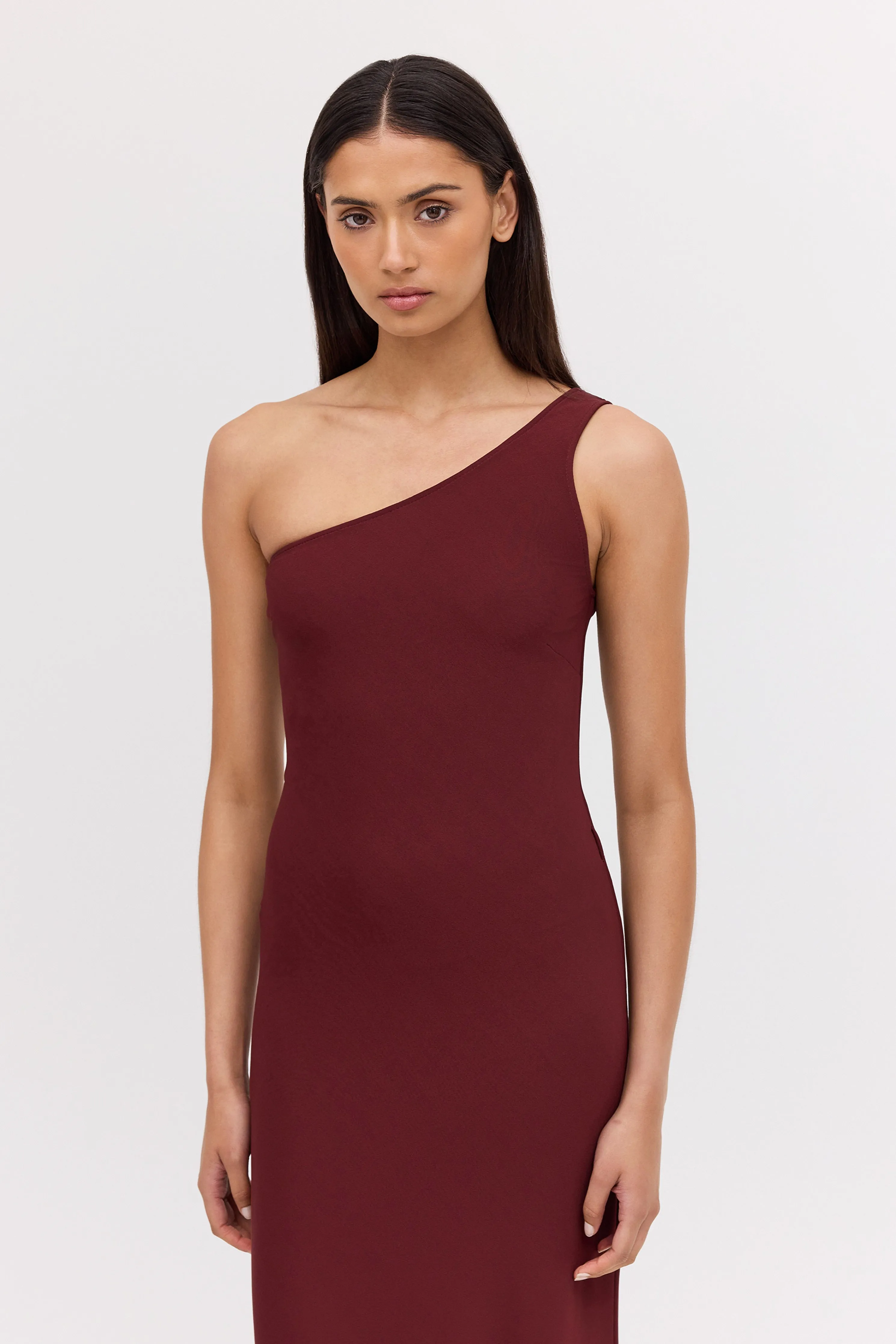 PLUM JERSEY ASYMMETRIC SLIP DRESS