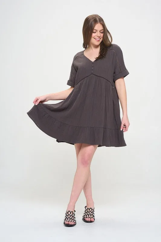 Plus Size Short Sleeve Button Down Boho V-Neck Short Dress