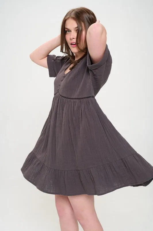 Plus Size Short Sleeve Button Down Boho V-Neck Short Dress