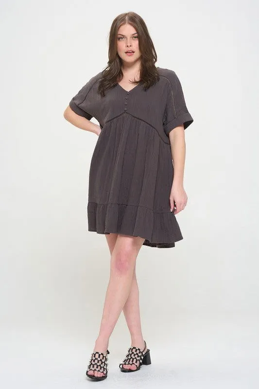 Plus Size Short Sleeve Button Down Boho V-Neck Short Dress
