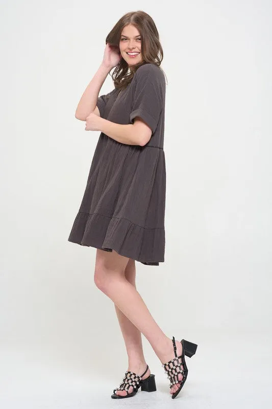 Plus Size Short Sleeve Button Down Boho V-Neck Short Dress