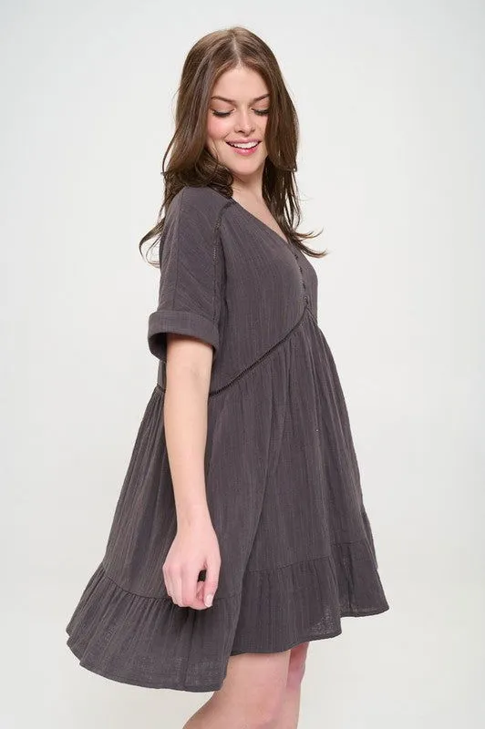 Plus Size Short Sleeve Button Down Boho V-Neck Short Dress