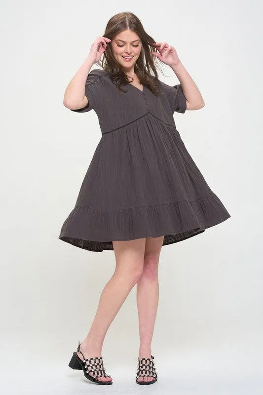 Plus Size Short Sleeve Button Down Boho V-Neck Short Dress