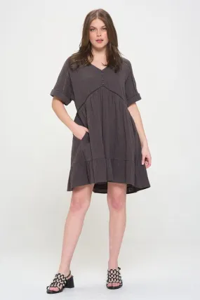 Plus Size Short Sleeve Button Down Boho V-Neck Short Dress