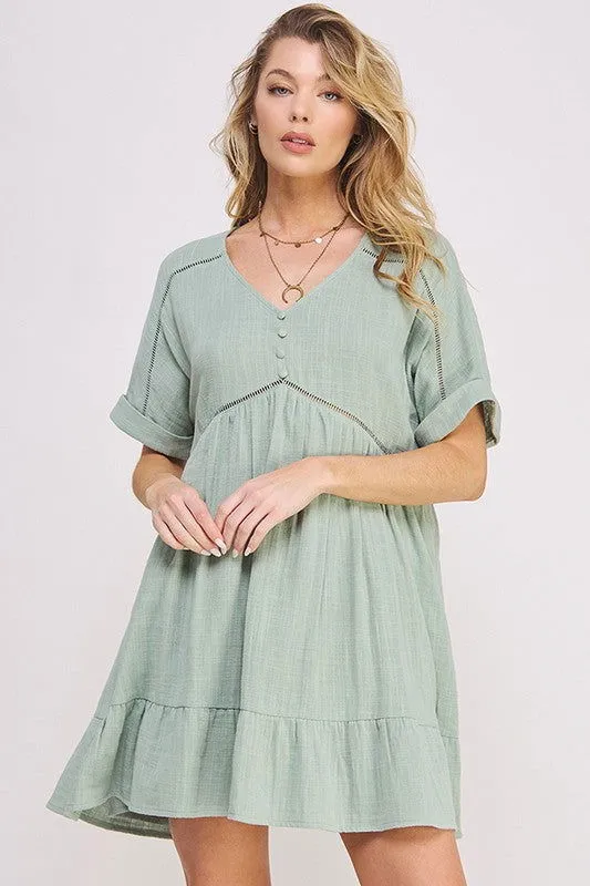 Plus Size Short Sleeve Button Down Boho V-Neck Short Dress