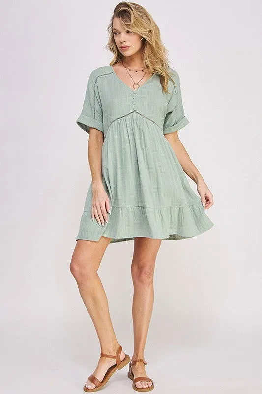 Plus Size Short Sleeve Button Down Boho V-Neck Short Dress