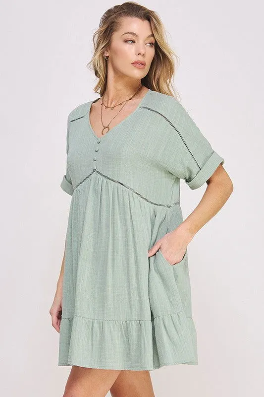 Plus Size Short Sleeve Button Down Boho V-Neck Short Dress