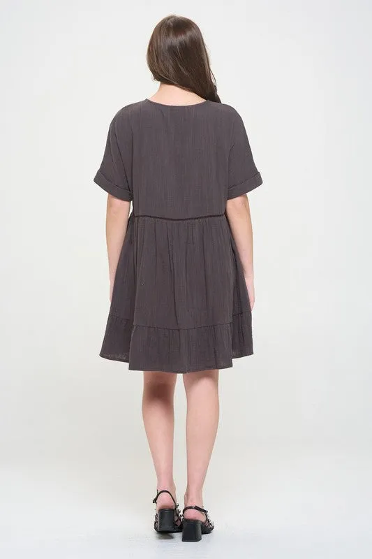 Plus Size Short Sleeve Button Down Boho V-Neck Short Dress