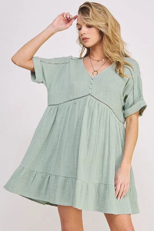 Plus Size Short Sleeve Button Down Boho V-Neck Short Dress