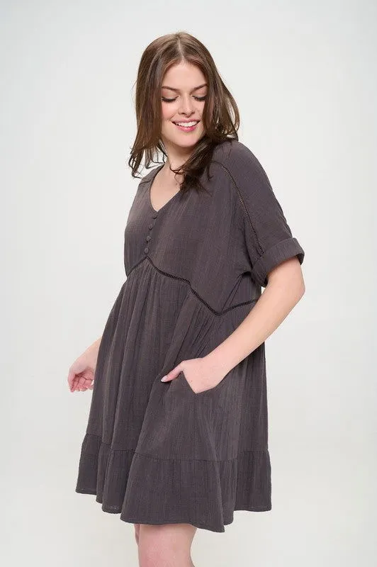 Plus Size Short Sleeve Button Down Boho V-Neck Short Dress