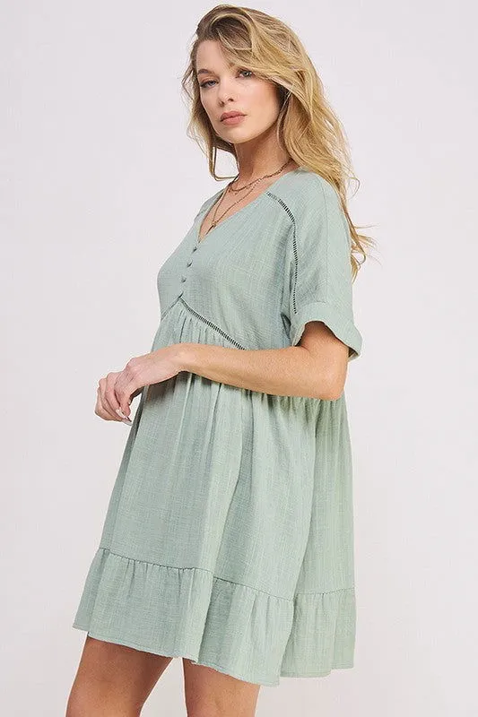 Plus Size Short Sleeve Button Down Boho V-Neck Short Dress