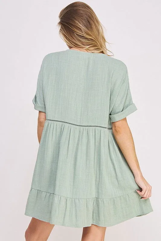 Plus Size Short Sleeve Button Down Boho V-Neck Short Dress