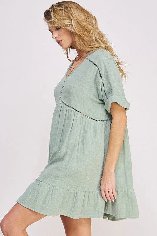 Plus Size Short Sleeve Button Down Boho V-Neck Short Dress