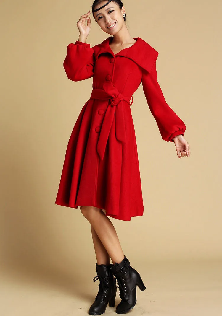 Red Wool Swing Coat - Brightly Colored Single Breasted Swing Coat with Large Collar (335)