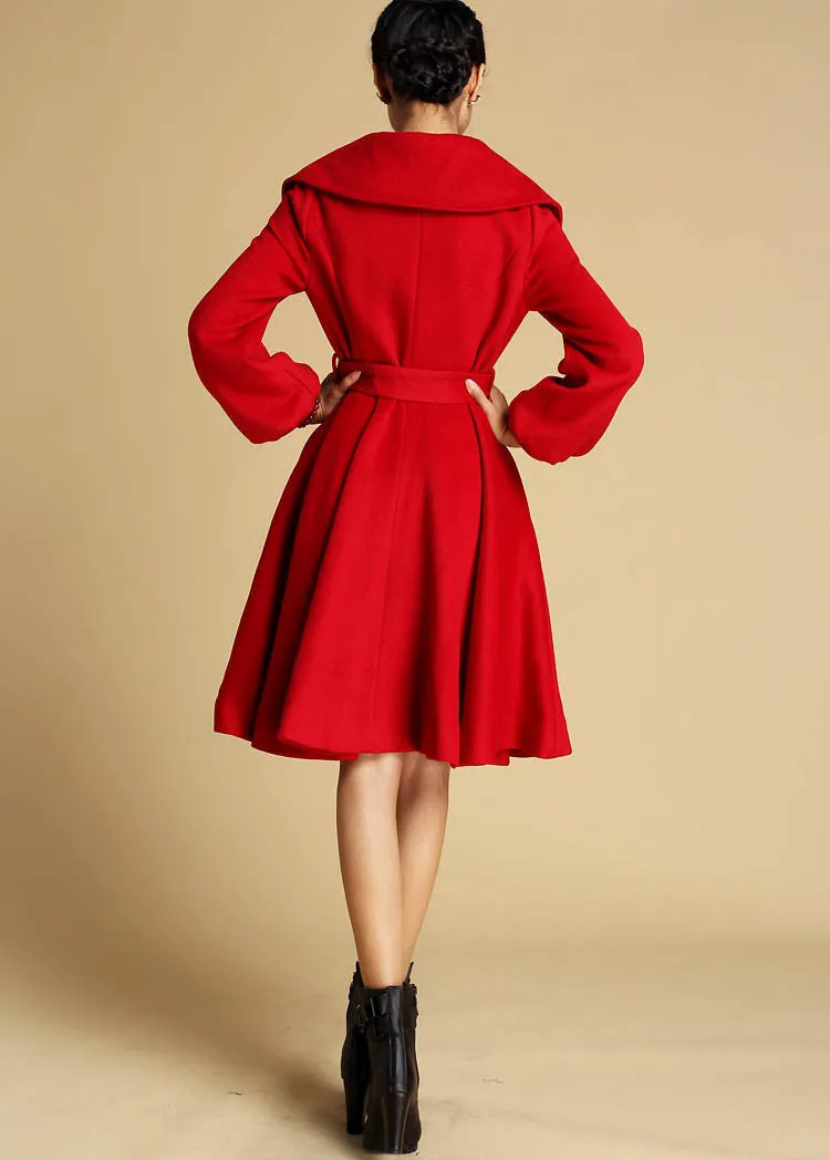 Red Wool Swing Coat - Brightly Colored Single Breasted Swing Coat with Large Collar (335)