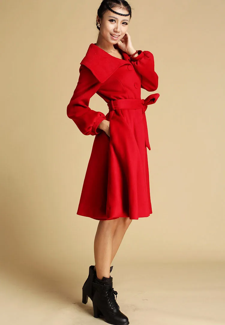 Red Wool Swing Coat - Brightly Colored Single Breasted Swing Coat with Large Collar (335)