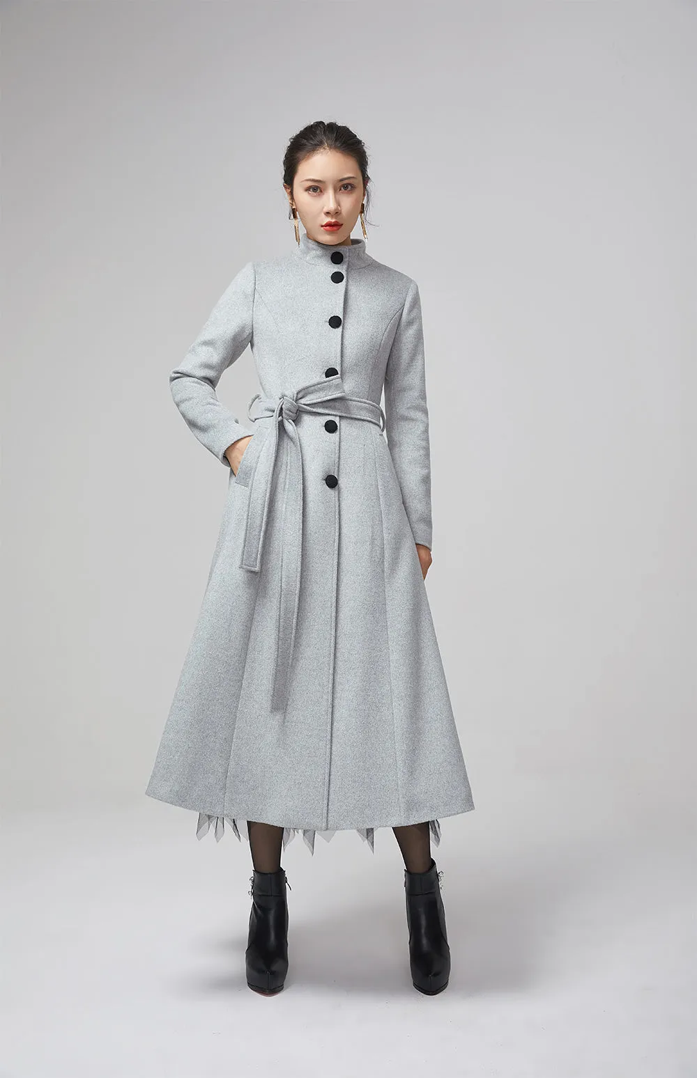 retro light gray wool coat with stand up collar 2205