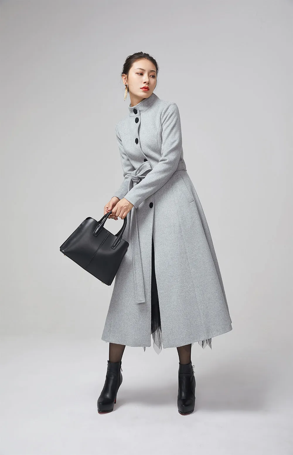 retro light gray wool coat with stand up collar 2205