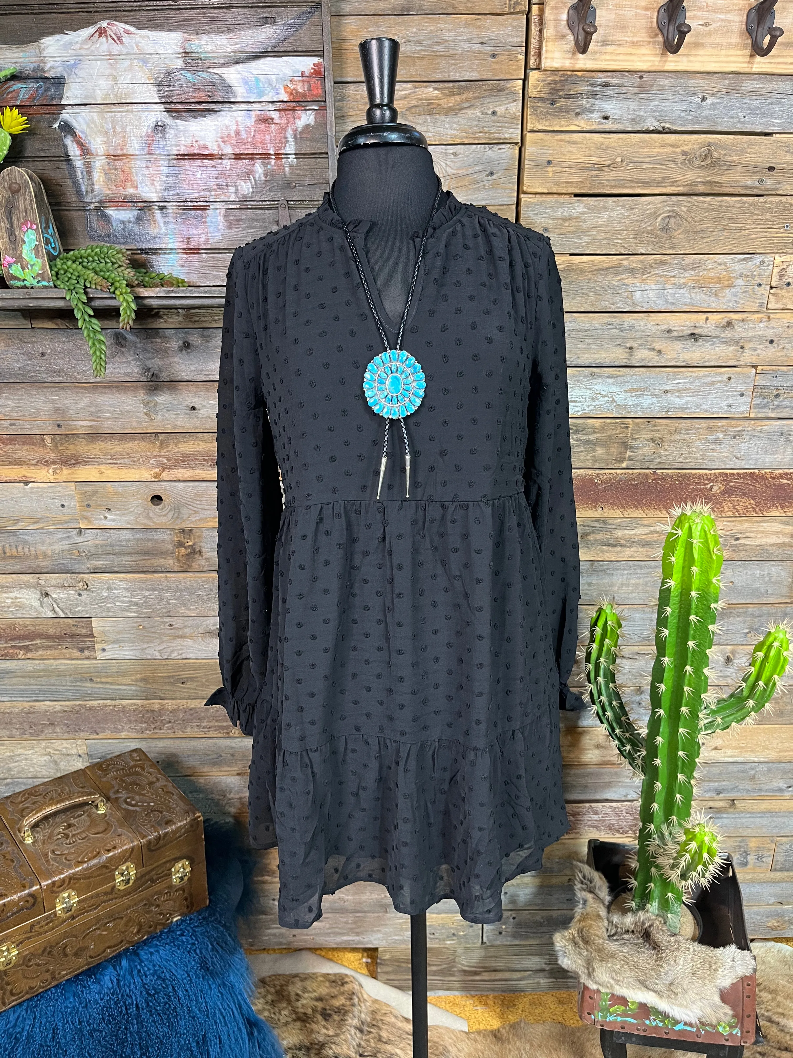 Sara Textured Dot Chiffon Long Sheer Sleeve Babydoll Dress