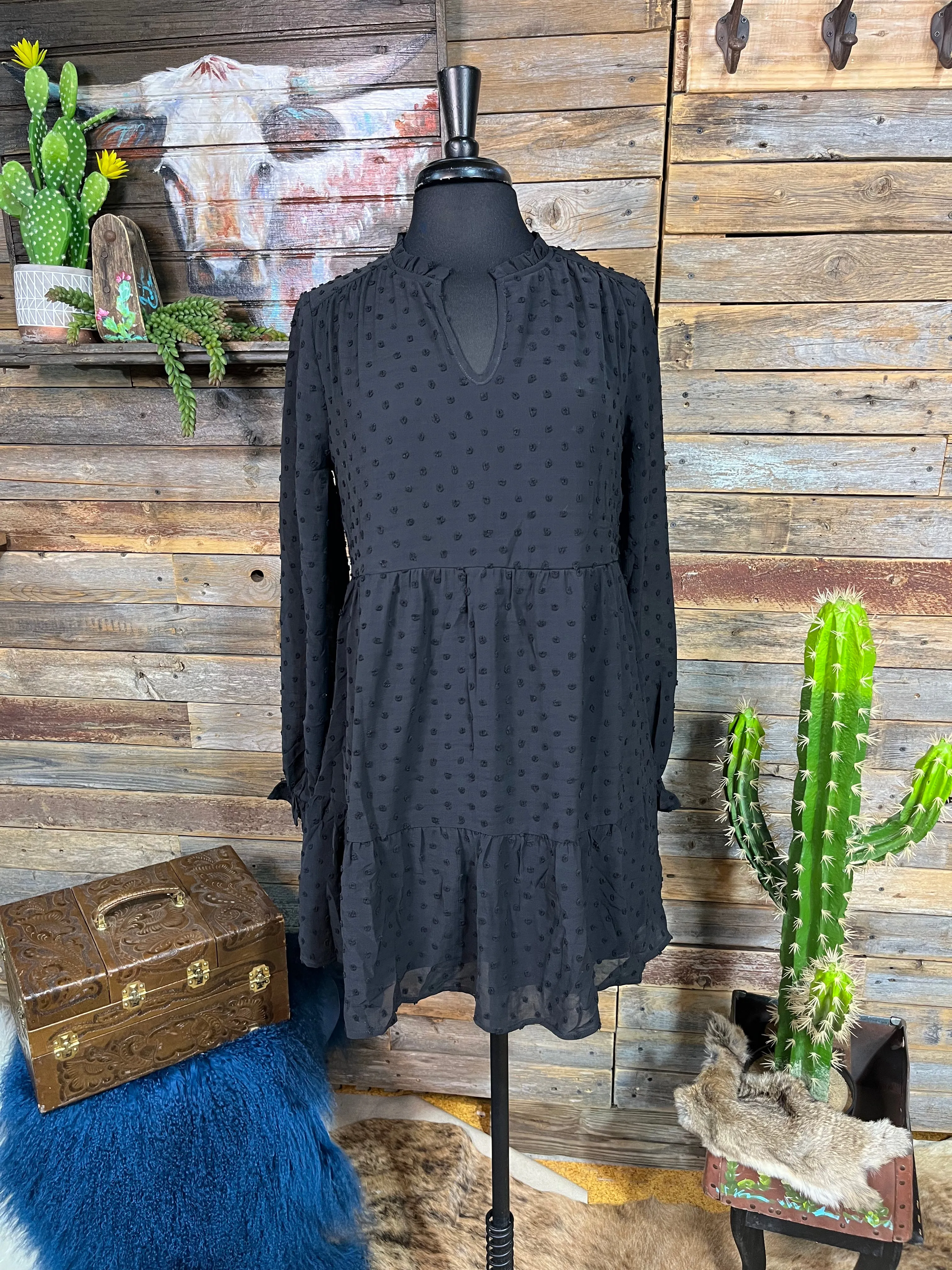 Sara Textured Dot Chiffon Long Sheer Sleeve Babydoll Dress