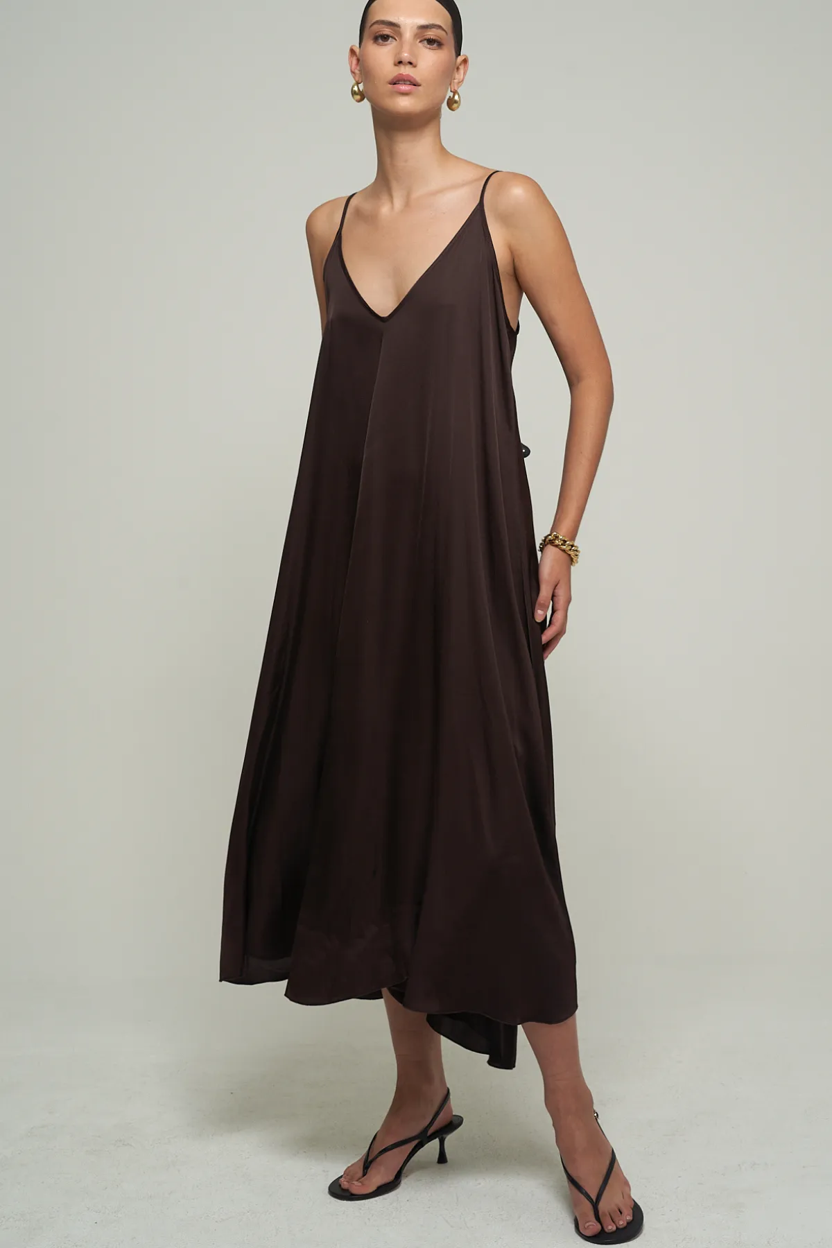 SATIN MAXI DRESS IN BROWN