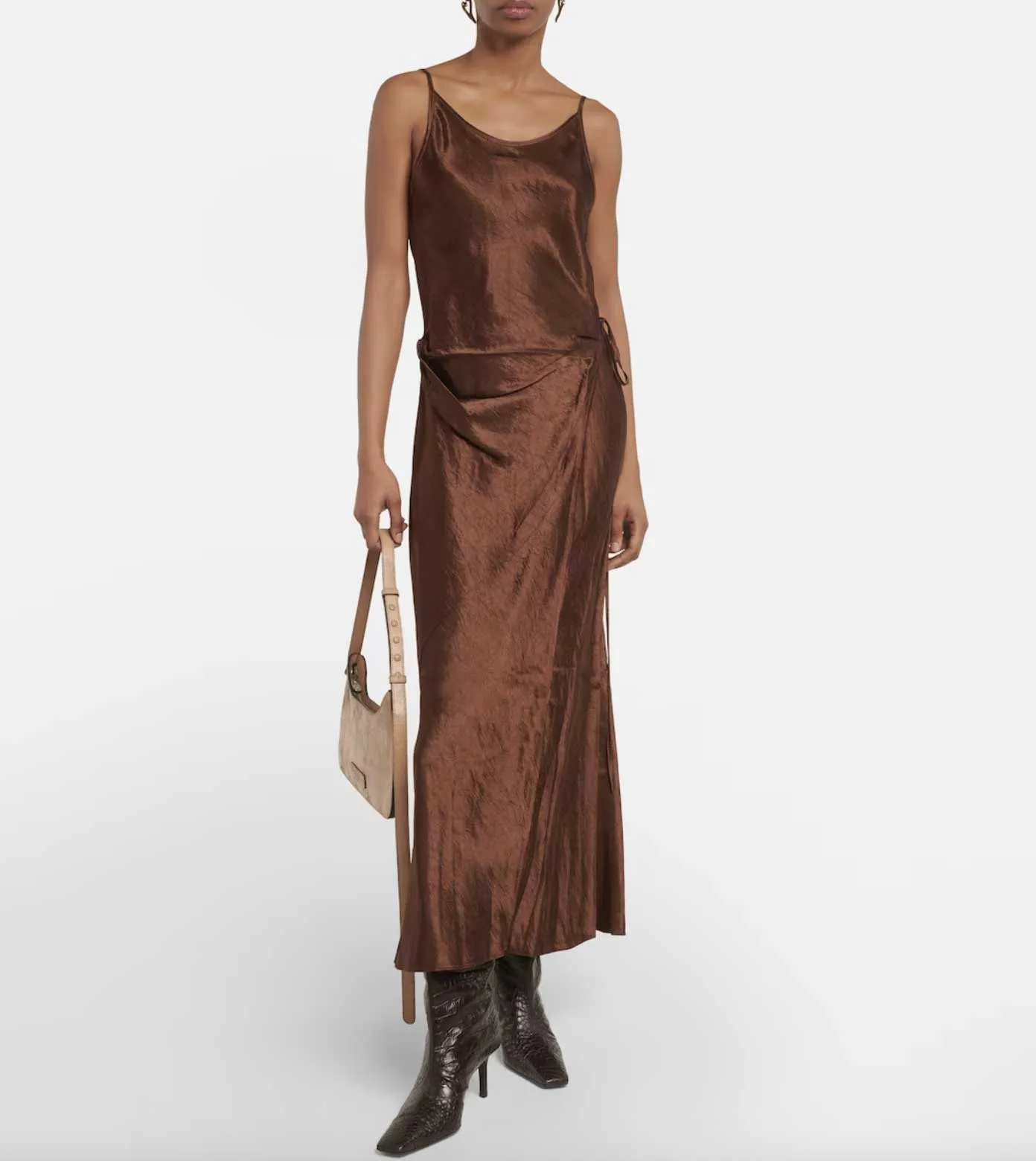 Satin Midi Dress Brown